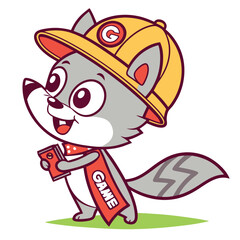 Naklejka premium Cute Raccoon Gamer Mascot, Cartoon Raccoon Character Wearing Yellow Cap and Red Cape, Gaming Raccoon Holding Handheld Console, Vector EPS Illustration