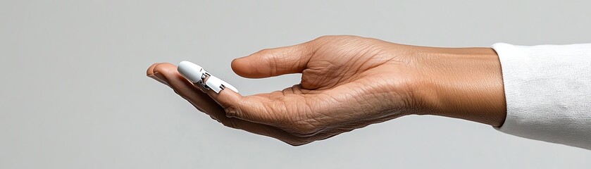 Hand holding wireless earbud in modern setting.