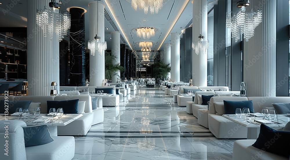 Poster five-star hotel restaurant. white in color. modern. square columns in several rows. gray and dark bl