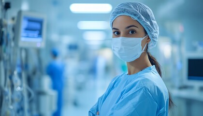 Medical professional in a hospital with blurred background, emphasizing healthcare, patient care, and medical expertise, focus on the doctor, clean design