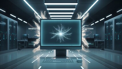 Futuristic Server Room with Computer Displaying Neural Network Data