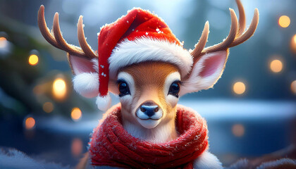 Cute reindeer on Christmas with Santa hat and red scarf