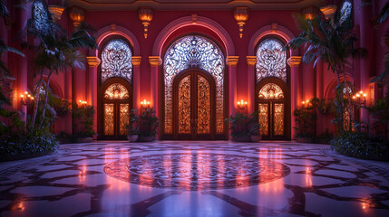 A grand and opulent palace entrance with ornate doors, columns, and arches
