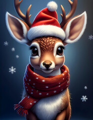 Cute reindeer on Christmas with Santa hat and red scarf