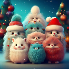 Fluffy monster with snowflakes falling gently in the background