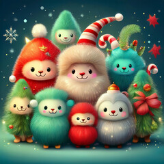 Fluffy monster with snowflakes falling gently in the background