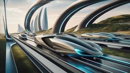 Futuristic High-Speed Vehicles on Elevated Maglev Track in a Modern City