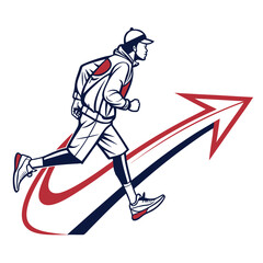 Fototapeta premium Dynamic running man vector illustration, athletic male runner with upward arrow graphic, sports performance and progress concept art in navy and red