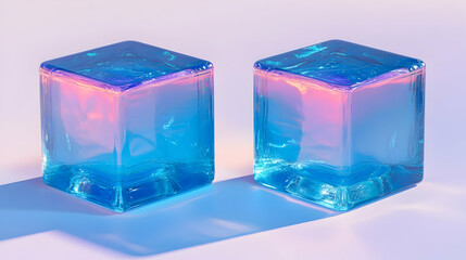 Two iridescent blue ice cubes on a light surface.