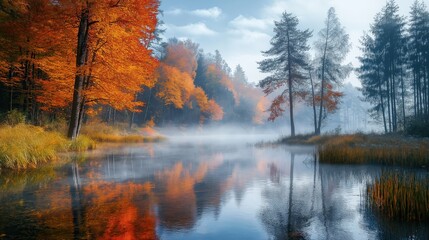 Colorful trees reflecting near misty water.