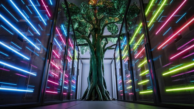 Neon Lights and Data Center Tree, Futuristic Technology Concept