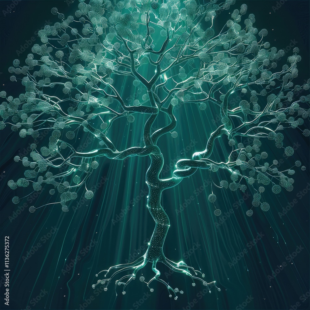 Aufkleber A growing tree with branches in the form of neural nets blue-green contrast colors.