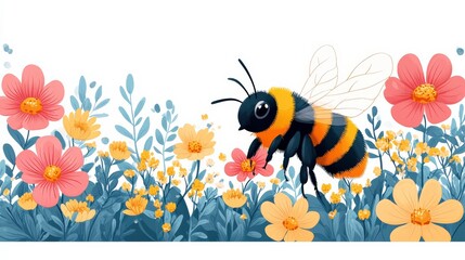 Vibrant Illustration of a Bumblebee Collecting Nectar from Colorful Flowers in a Garden Scene with Lush Greenery and Bright Petals