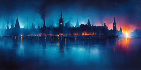 Obraz premium Cityscape at Dusk Over Water