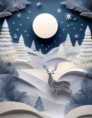 Background of winter pine forest, Merry Christmas and happy new year paper cut and craft style.