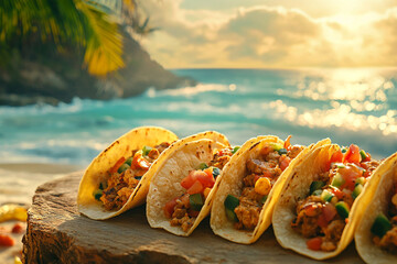 Tacos served on a wooden board by the beach during sunset with a tropical backdrop