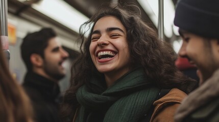 A young woman with curly hair and a scarf beams a bright smile during a subway ride, exuding warmth and joy while surrounded by bustling commuters in the city.