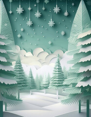 Background of winter pine forest, Merry Christmas and happy new year paper cut and craft style.