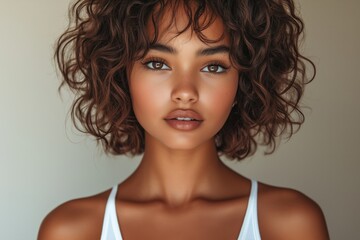 cute girl with mocha hair, white tank top and shoulders, light brown background, hair salon ad, short wavy bob style hairstyle 