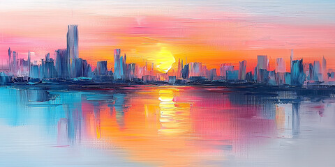 Fototapeta premium Sunset Reflection Over City Skyline