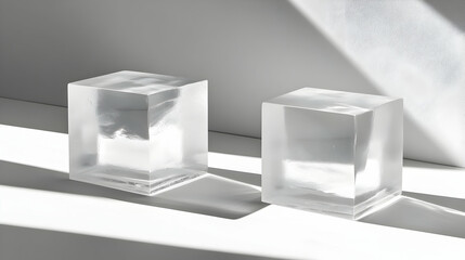 Two translucent cubes on white surface, illuminated by sunlight.