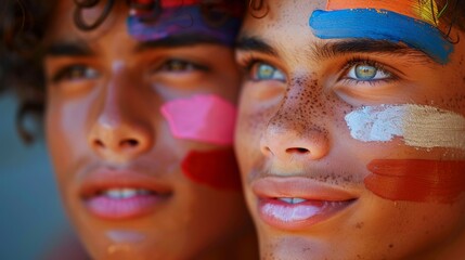Obraz premium A close-up image of boys with colorful, artistic paint on their faces captures the spirit of creativity and youth, conveying a sense of freedom and innocence.