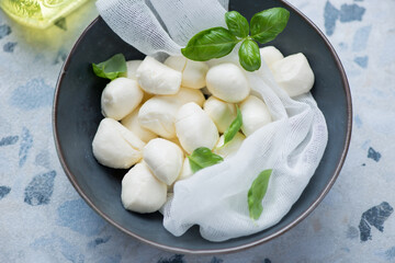 Bowl with freshly made mini mozzarella and green basil leaves, horizontal shot, middle close-up