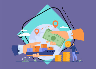 Naklejka premium World trade process. Hands of people exchanging ship with cargo and cash. Vector illustration for international partnership, global business, world economy, export, import concept