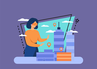 Woman modeling 3d office buildings on table flat vector illustration. Cartoon architect engineer wearing digital glasses of virtual reality. Construction and architecture concept