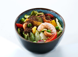 Close-up of seafood vegetable salad isolated on white background