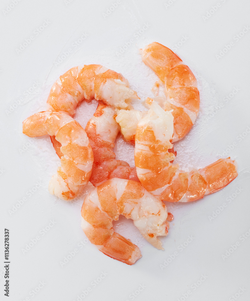 Wall mural Close up of peeled shrimp meat ingredients isolated on white background