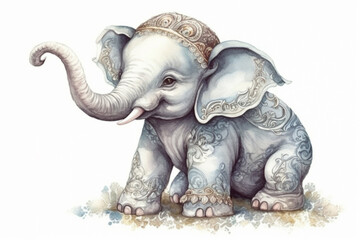 Fototapeta premium Watercolor drawing of a baby elephant. watercolor cartoon style., watercolor style, 
