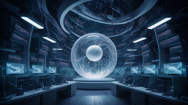 Futuristic Server Room with Energy Sphere, Sci-Fi Data Center Interior