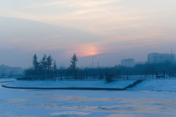 winter landscape with fog