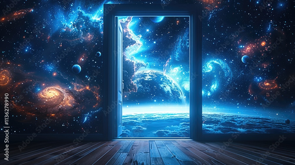 Poster 3d render of an open door leading to the universe, cosmic space with stars and galaxies, nebulae clo