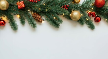 Christmas garland , pine branches , pine cones , red and gold ornaments, twinkling lights , festive border , white background , high detail , photorealistic , holiday decor , warm glow , traditional C