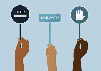 Stop Water Waste, Save Our Future. hands holding signs with messages related to water conservation, emphasizing the importance of responsible water usage. World water day. Save water illustration.