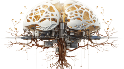 Futuristic digital brain with glowing neural connections, representing AI and technological innovation, isolated on transparent background.