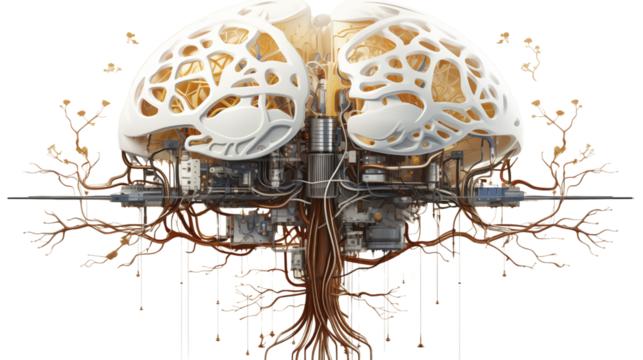 Futuristic digital brain with glowing neural connections, representing AI and technological innovation, isolated on transparent background.