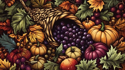 Fototapeta premium Cornucopia overflowing with grapes pumpkins and autumn leaves, rich harvest colors, Thanksgiving still life, autumnal bounty