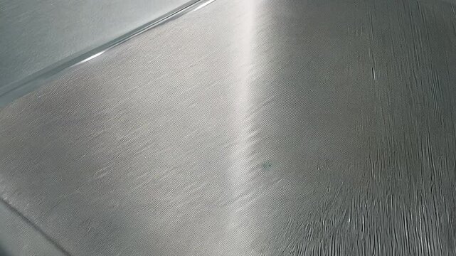 Camera pans to reveal a brushed aluminum texture featuring sleek silvers with fine linear patterns and sharp reflections
