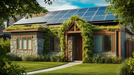 Obraz premium Eco-Friendly Modern House with Solar Panels and Green Roof