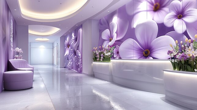 Integrating violet flowers into the scene design of a women hospital, using 3D relief techniques to create floral patterns on the walls in the hospital reception area.