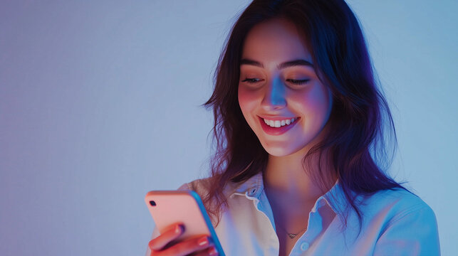 Jeune femme brune, étudiante ou jeune recrutée, en chemise blanch regarde en souriant son smartphone, fond blanc, personnage pour publicité, site web, démo d'application ou de logiciel, tech et IT B2B - Powered by Adobe
