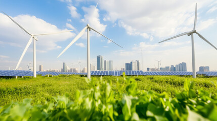 modern city skyline powered by renewable energy, showcasing wind turbines, solar installations, and greenery. 