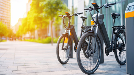 Fototapeta premium row of modern electric delivery bicycles parked on sunny urban street