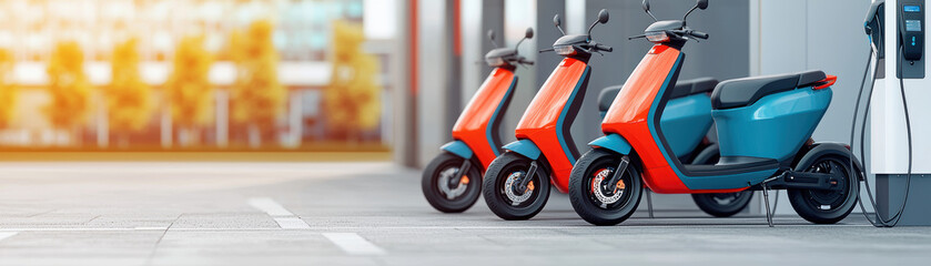 Obraz premium row of modern electric delivery scooters parked at charging station outdoors