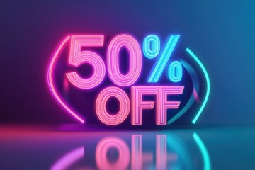 Bright neon sign displaying fifty percent off discount against a vibrant, colorful background in a...