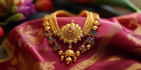 Opulent Gold Necklace: A close-up shot showcasing a dazzling gold necklace, adorned with intricate details, precious stones, and a captivating floral design, resting on a rich, textured fabric.