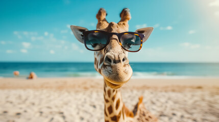 Obraz premium Stylish Giraffe Enjoying the Beach Life with Sunglasses on a Sunny Day